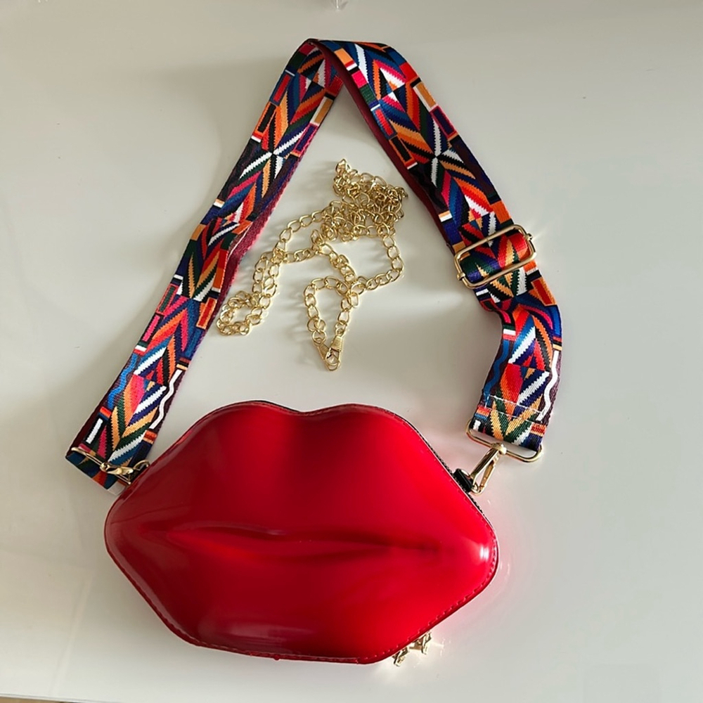 Red Lip-Shaped Crossbody Bag with Colorful Strap